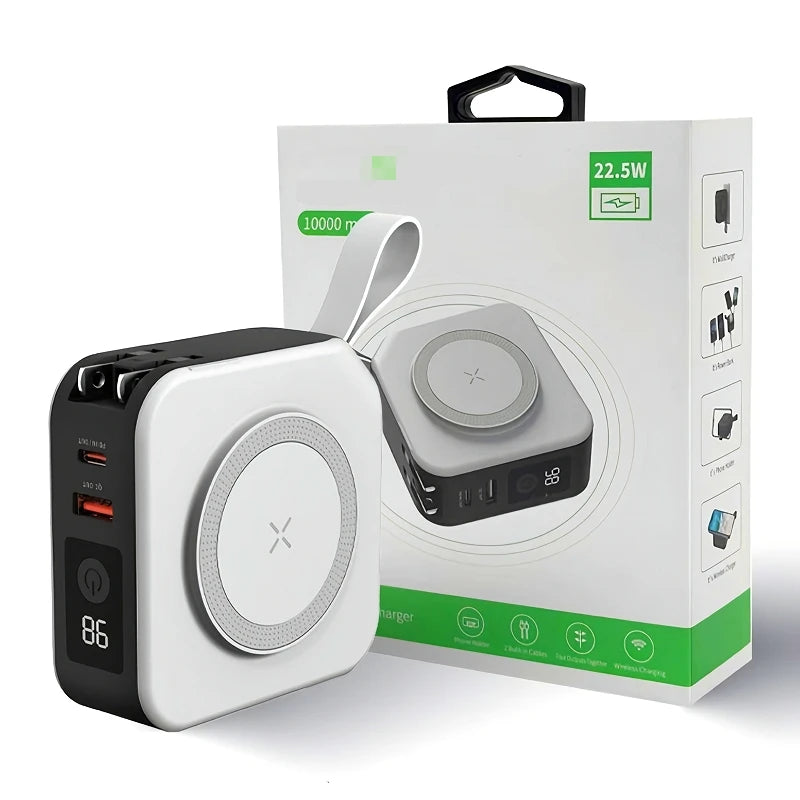 MagSafe 10000mAh Portable Power Bank: Fast Wireless Charging, Cables & Foldable Plug