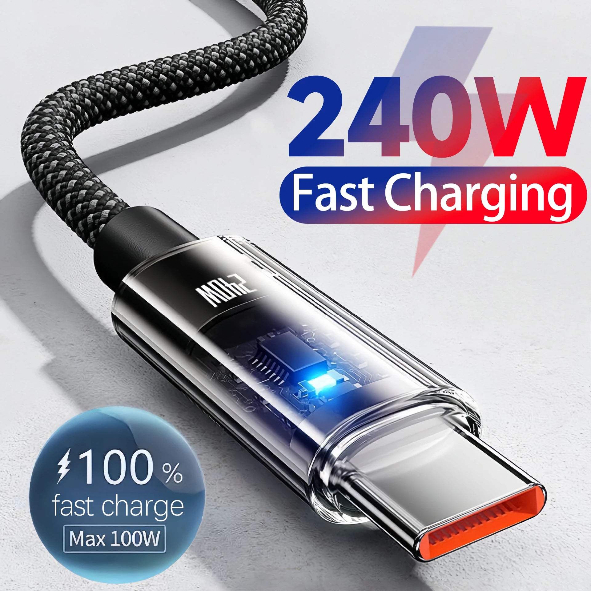 240W Nylon USB Type C Super Fast Charging Cable with LED Display Data Cord
