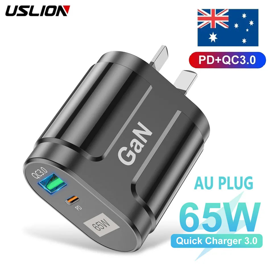 USLION 65W GaN USB-C Fast Charger Power Adapter AU Plug for iPhone Laptop
