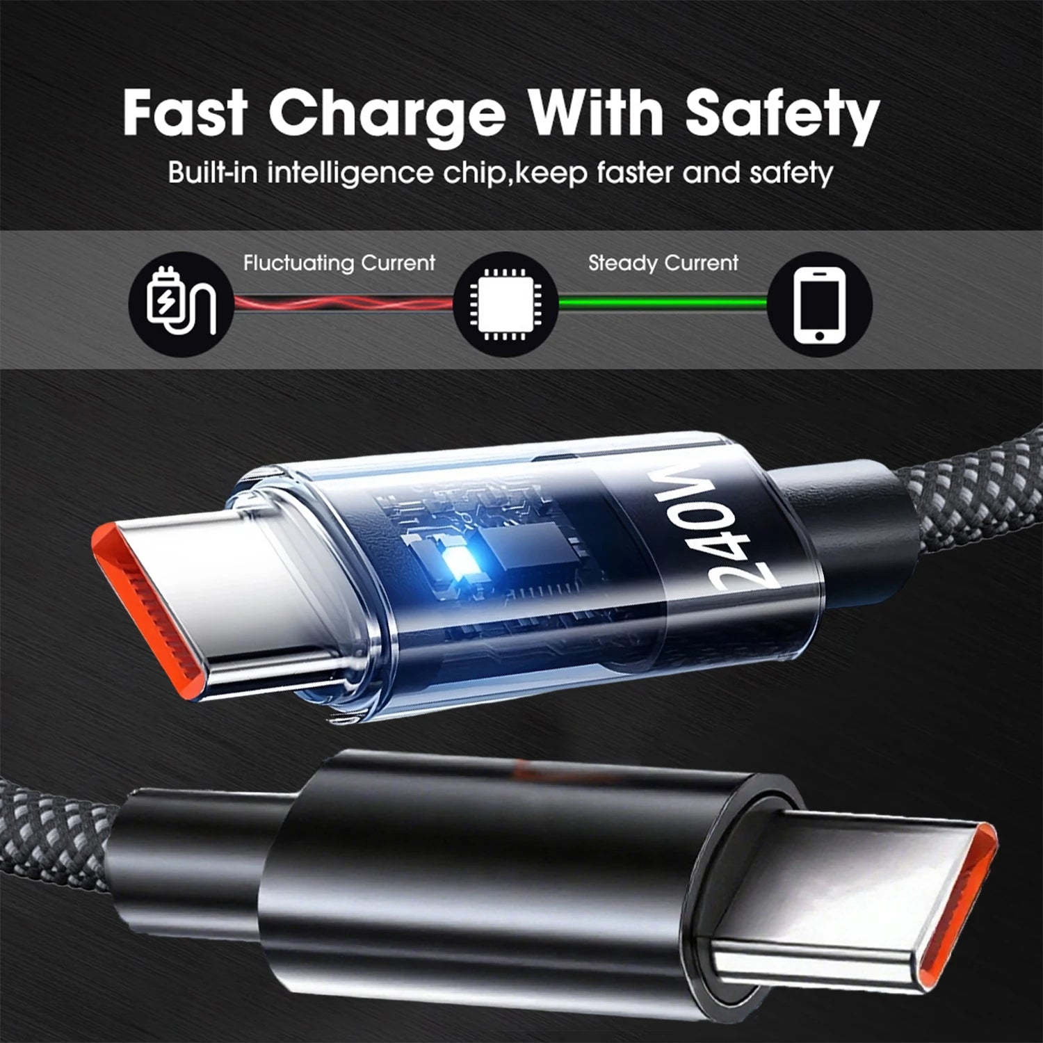 240W Nylon USB Type C Super Fast Charging Cable with LED Display Data Cord